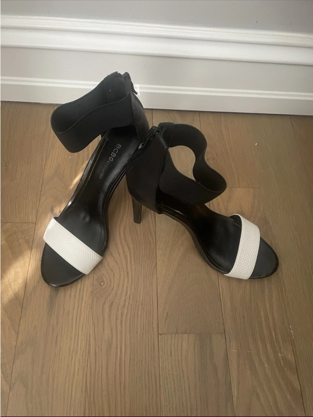 BCBGeneration Black and White Open-Toe Ankle Strap Heels